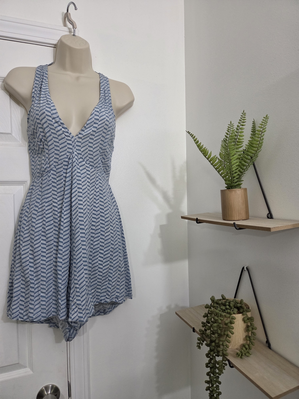 Light Blue Chevron V-Neck Romper